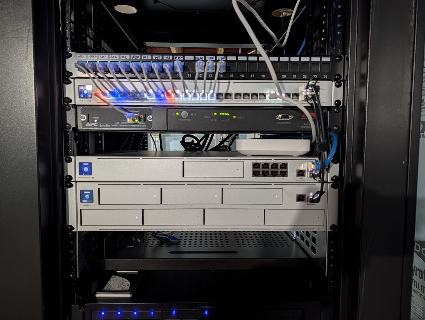 A network rack with a labeled patch panel, a PoE switch, a UniFi Dream Machine, and a UniFi NAS.