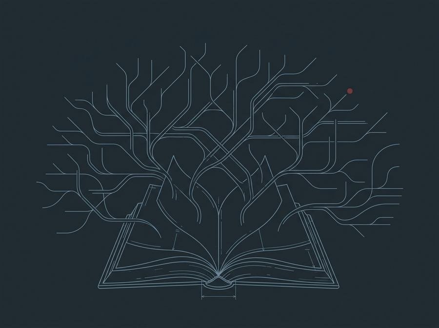 Minimal blueprint-style line illustration of an open book unfurling into a branching network of paths, one path tipped with a small maroon accent.