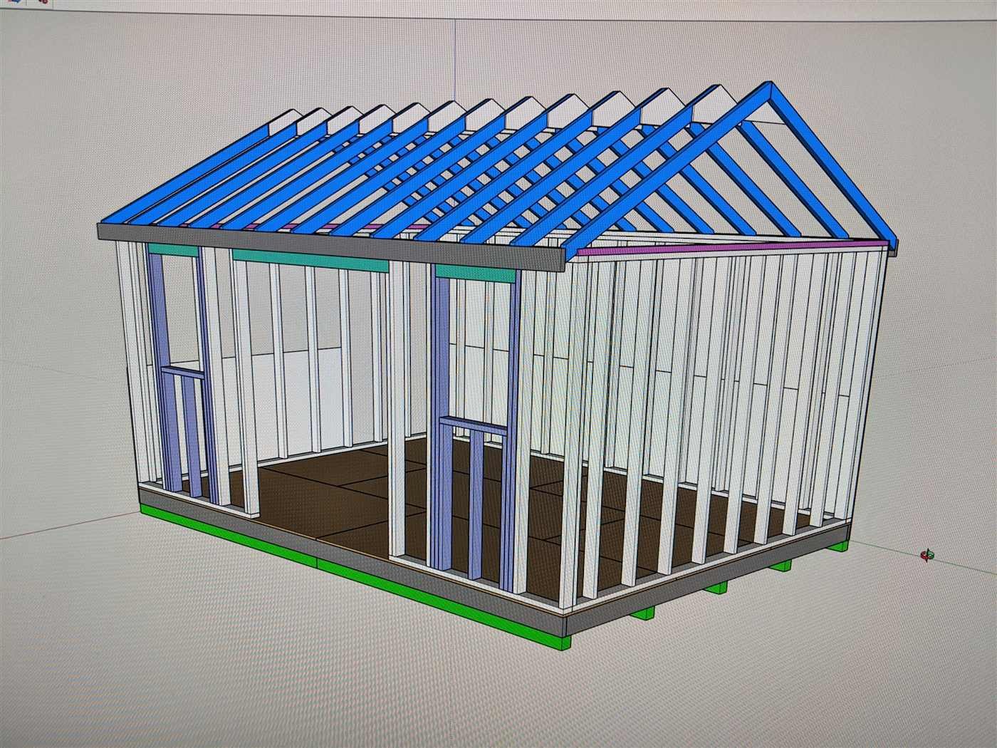 SketchUp model of a 12 by 16 shed frame, with studs, headers, and roof trusses colored by member type.